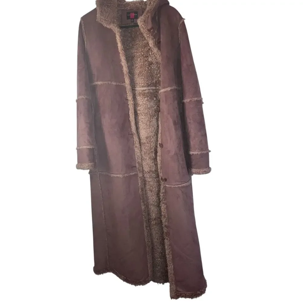 Vintage Y2K Gallery Tan Suede Sherpa Penny Lane Trench Coat-size Small - Picture 5 of 15